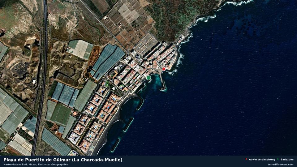 Satellitenbild der Playa de Puertito de Güimar (La Charcada-Muelle) in Güímar, dazu die Lage der nächsten Abwassereinleitung in 151 Metern.