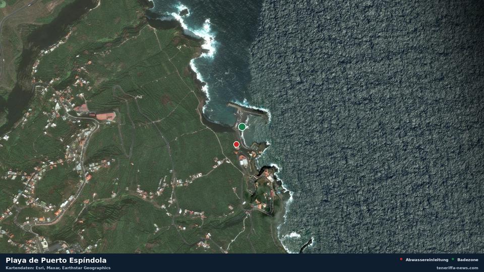 Satellite image of Playa de Puerto Espíndola in San Andrés y Sauces, with the position of the nearest wastewater outfall 96 metres away.
