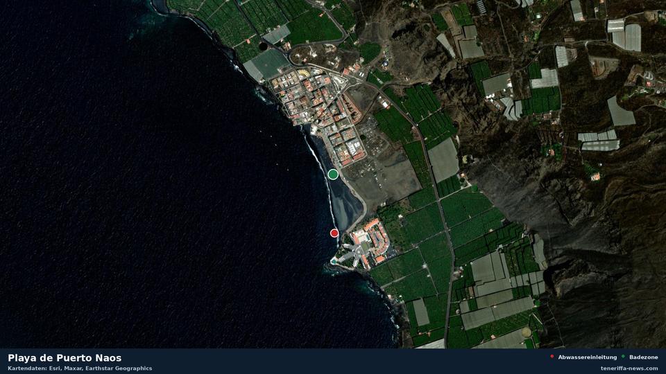 Satellitenbild der Playa de Puerto Naos in Los Llanos de Aridane, dazu die Lage der nächsten Abwassereinleitung in 223 Metern.