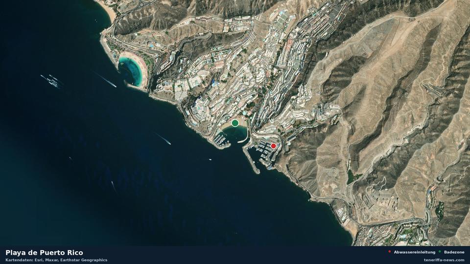 Satellite image of Playa de Puerto Rico in Mogán, with the position of the nearest wastewater outfall 483 metres away.