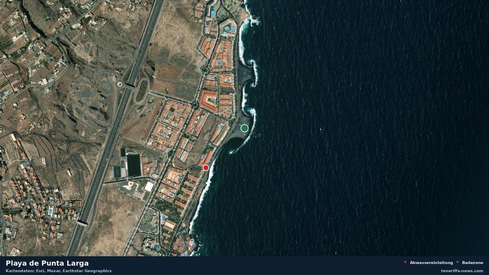 Satellitenbild der Playa de Punta Larga in Candelaria, dazu die Lage der nächsten Abwassereinleitung in 285 Metern.