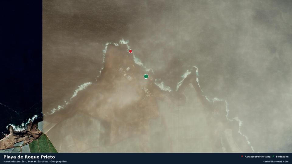 Imagen por satélite de Playa de Roque Prieto en Santa María de Guía de Gran Canaria, con la ubicación del vertido de aguas residuales más cercano a 255 metros.