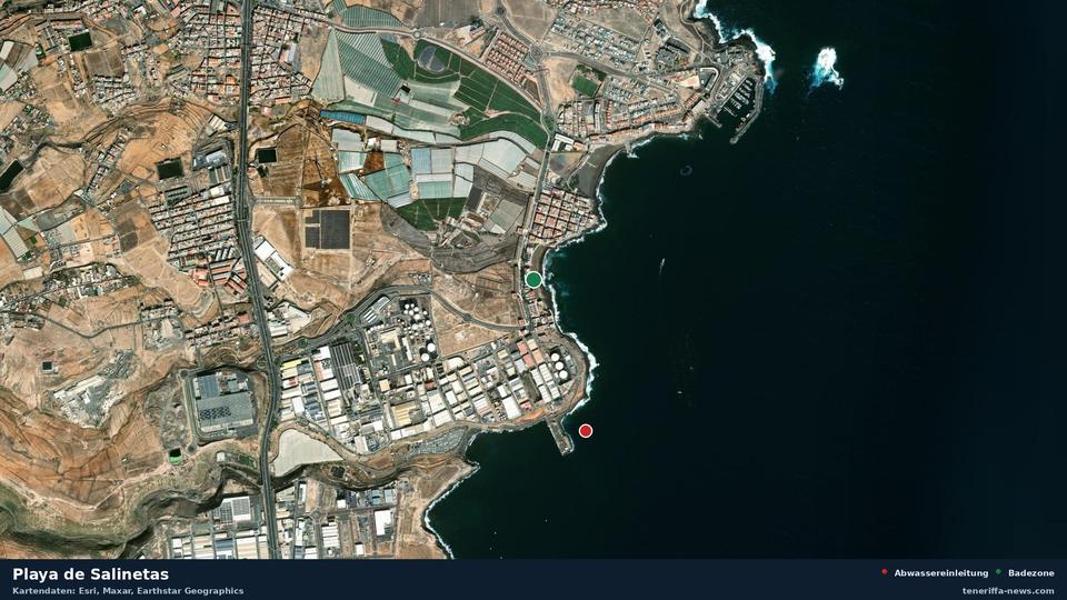 Imagen por satélite de Playa de Salinetas en Telde, con la ubicación del vertido de aguas residuales más cercano a 760 metros.