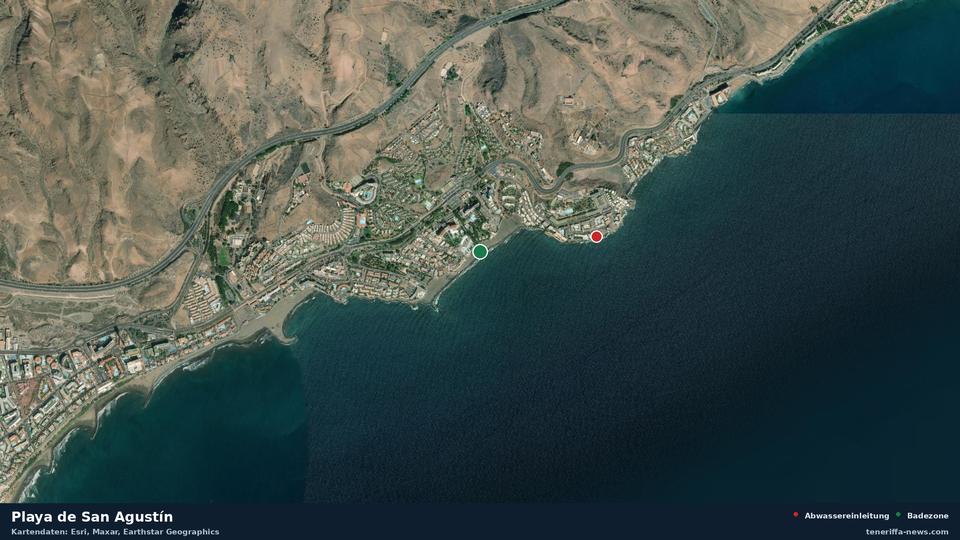 Satellite image of Playa de San Agustín in San Bartolomé de Tirajana, with the position of the nearest wastewater outfall 620 metres away.
