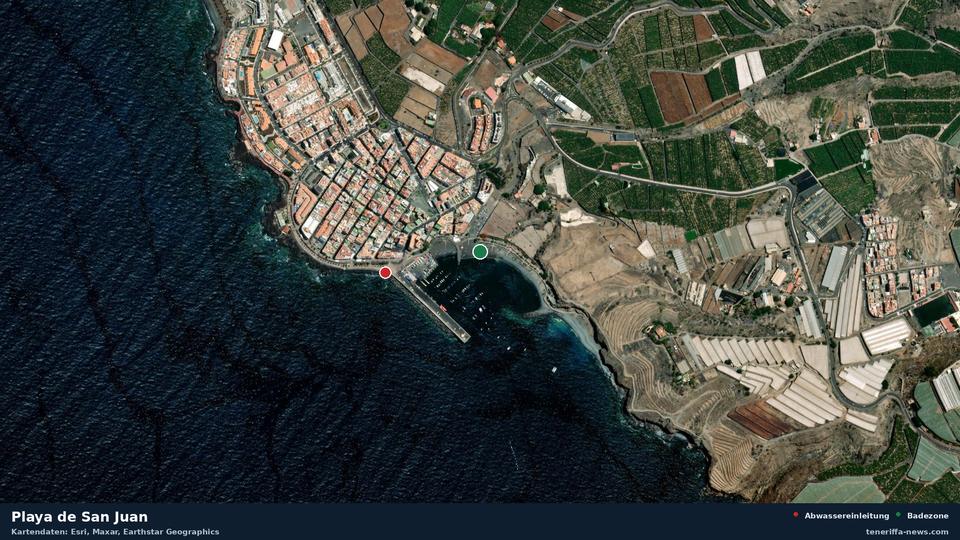 Satellitenbild der Playa de San Juan in Guía de Isora, dazu die Lage der nächsten Abwassereinleitung in 254 Metern.
