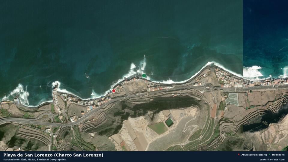 Imagen por satélite de Playa de San Lorenzo (Charco San Lorenzo) en Moya, con la ubicación del vertido de aguas residuales más cercano a 298 metros.