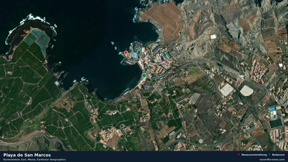 Satellitenbild der Playa de San Marcos in Icod de los Vinos, dazu die Lage der nächsten Abwassereinleitung in 256 Metern.