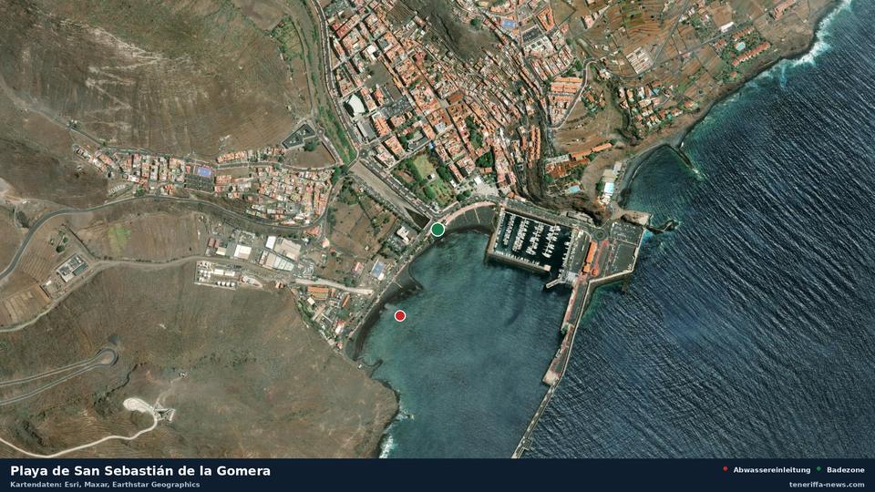 Imagen por satélite de Playa de San Sebastián de la Gomera en San Sebastián de la Gomera, con la ubicación del vertido de aguas residuales más cercano a 272 metros.