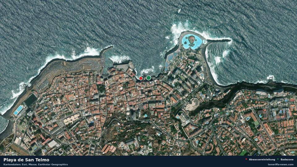 Imagen por satélite de Playa de San Telmo en Puerto de la Cruz, con la ubicación del vertido de aguas residuales más cercano a 65 metros.