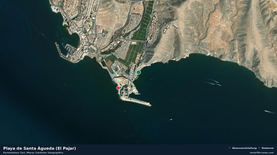 Imagen por satélite de Playa de Santa Águeda (El Pajar) en San Bartolomé de Tirajana, con la ubicación del vertido de aguas residuales más cercano a 474 metros.