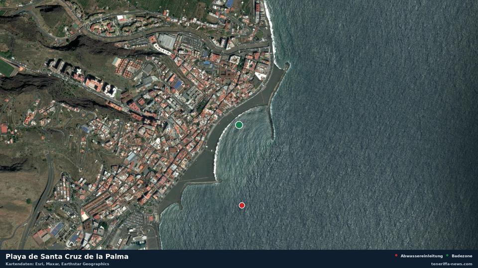 Satellite image of Playa de Santa Cruz de la Palma in Santa Cruz de la Palma, with the position of the nearest wastewater outfall 426 metres away.
