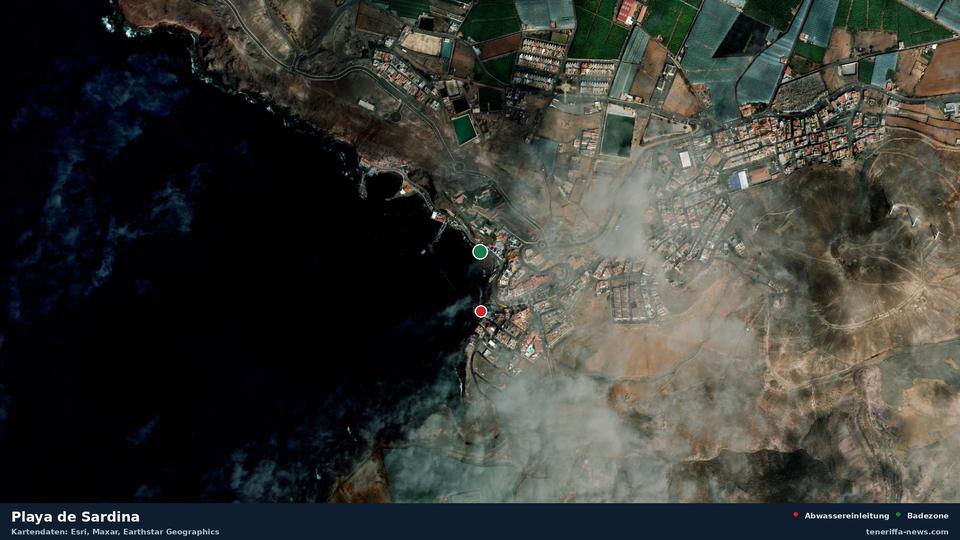 Satellite image of Playa de Sardina in Gáldar, with the position of the nearest wastewater outfall 157 metres away.