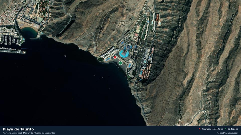 Satellitenbild der Playa de Taurito in Mogán, dazu die Lage der nächsten Abwassereinleitung in 82 Metern.