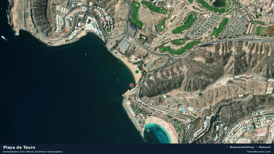 Satellite image of Playa de Tauro in Mogán, with the position of the nearest wastewater outfall 135 metres away.