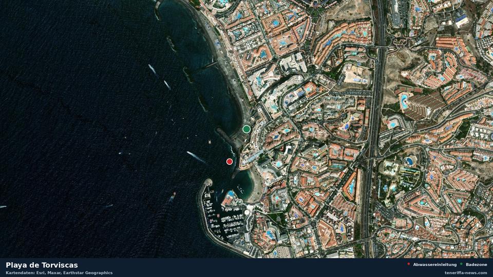 Imagen por satélite de Playa de Torviscas en Adeje, con la ubicación del vertido de aguas residuales más cercano a 188 metros.