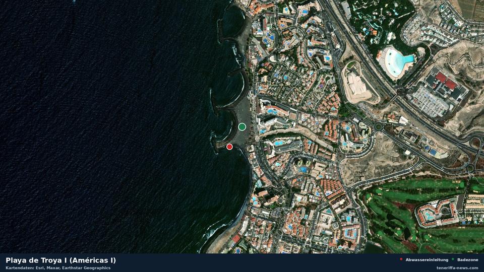 Satellite image of Playa de Troya I (Américas I) in Adeje, with the position of the nearest wastewater outfall 123 metres away.