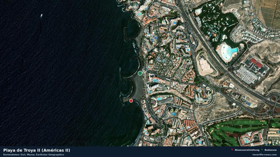 Satellite image of Playa de Troya II (Américas II) in Adeje, with the position of the nearest wastewater outfall 264 metres away.