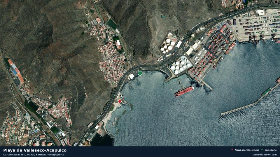 Satellite image of Playa de Valleseco-Acapulco in Santa Cruz de Tenerife, with the position of the nearest wastewater outfall 312 metres away.