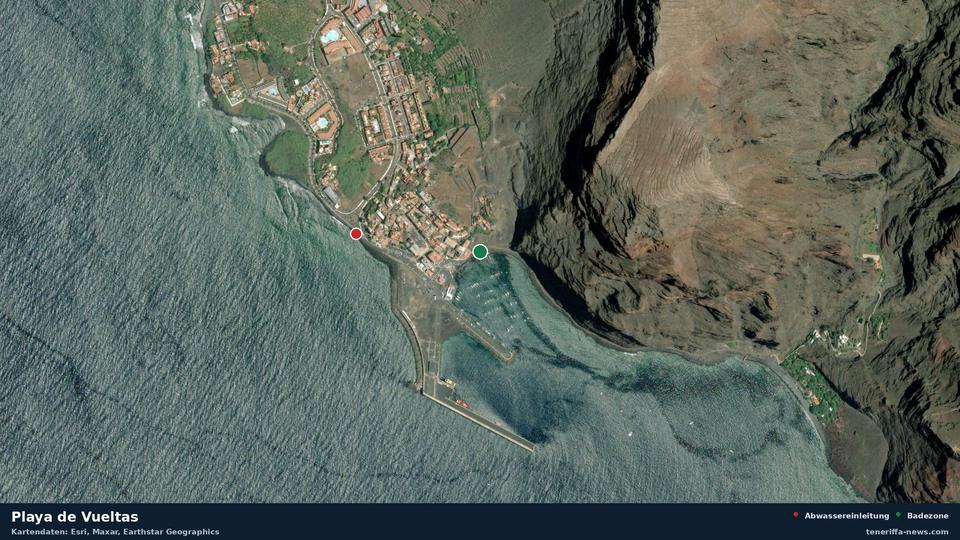 Imagen por satélite de Playa de Vueltas en Valle Gran Rey, con la ubicación del vertido de aguas residuales más cercano a 329 metros.