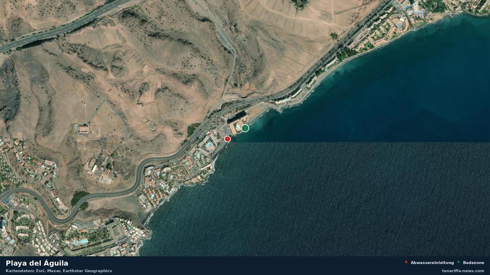 Satellite image of Playa del Águila in San Bartolomé de Tirajana, with the position of the nearest wastewater outfall 107 metres away.