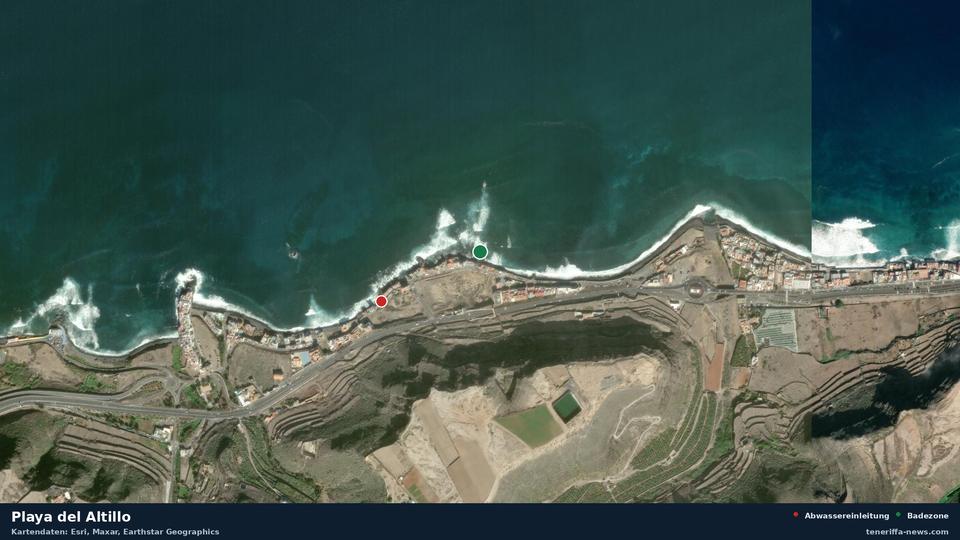 Imagen por satélite de Playa del Altillo en Moya, con la ubicación del vertido de aguas residuales más cercano a 290 metros.