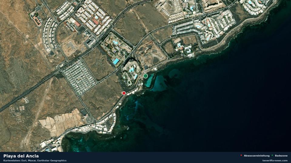 Imagen por satélite de Playa del Ancla en Teguise, con la ubicación del vertido de aguas residuales más cercano a 238 metros.