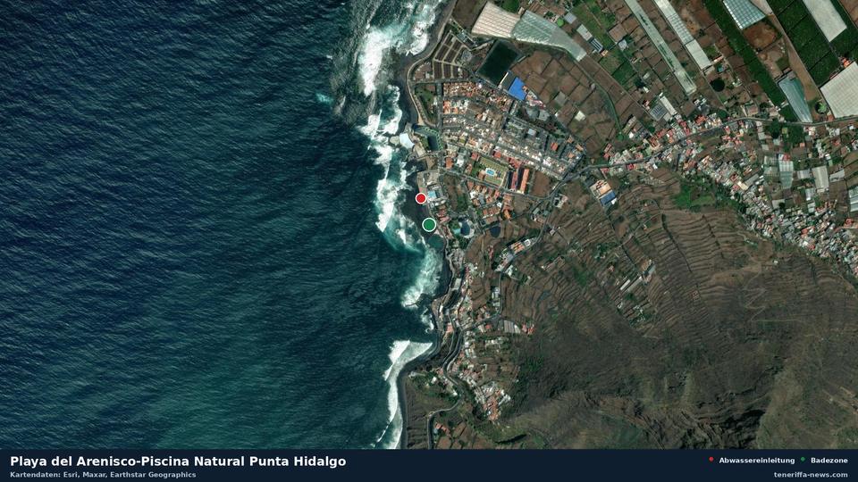 Satellite image of Playa del Arenisco-Piscina Natural Punta Hidalgo in San Cristóbal de La Laguna, with the position of the nearest wastewater outfall 80 metres away.