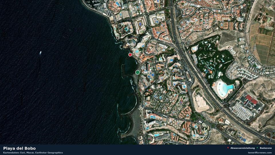 Satellite image of Playa del Bobo in Adeje, with the position of the nearest wastewater outfall 175 metres away.