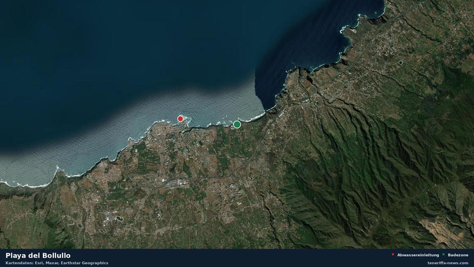 Satellitenbild der Playa del Bollullo in La Orotava, dazu die Lage der nächsten Abwassereinleitung in 2414 Metern.