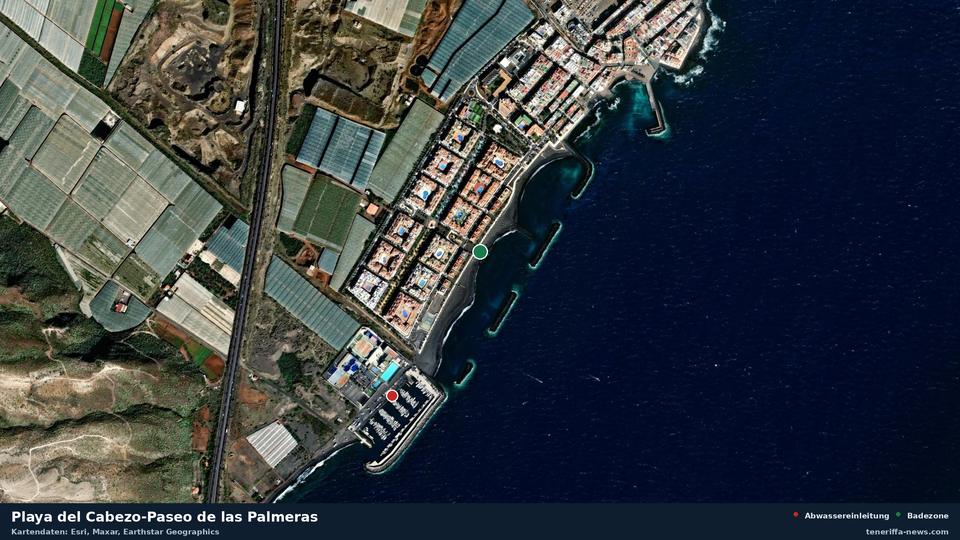 Imagen por satélite de Playa del Cabezo-Paseo de las Palmeras en Güímar, con la ubicación del vertido de aguas residuales más cercano a 443 metros.