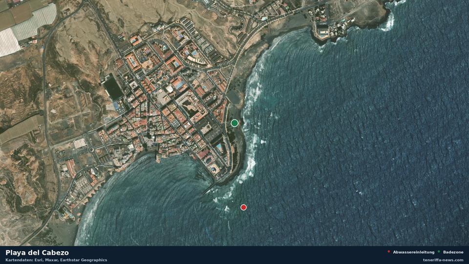 Imagen por satélite de Playa del Cabezo en Granadilla de Abona, con la ubicación del vertido de aguas residuales más cercano a 457 metros.