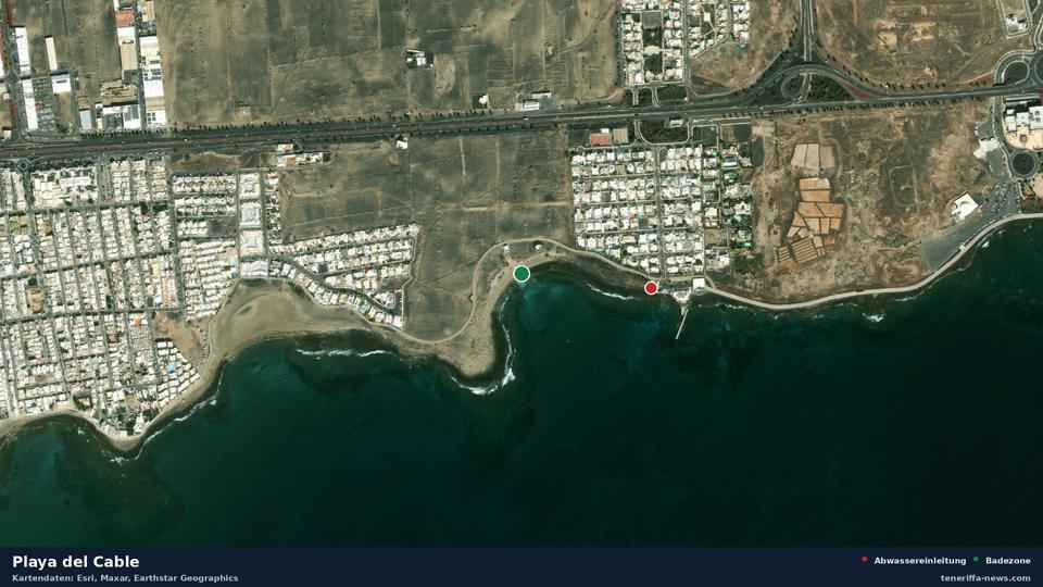 Satellitenbild der Playa del Cable in Arrecife, dazu die Lage der nächsten Abwassereinleitung in 313 Metern.