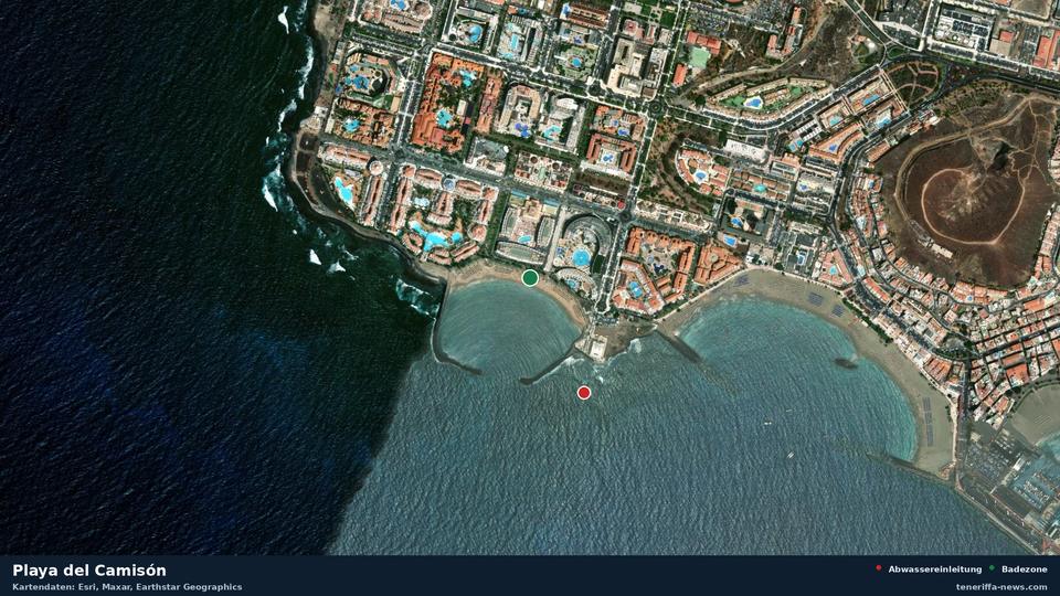 Satellite image of Playa del Camisón in Arona, with the position of the nearest wastewater outfall 304 metres away.