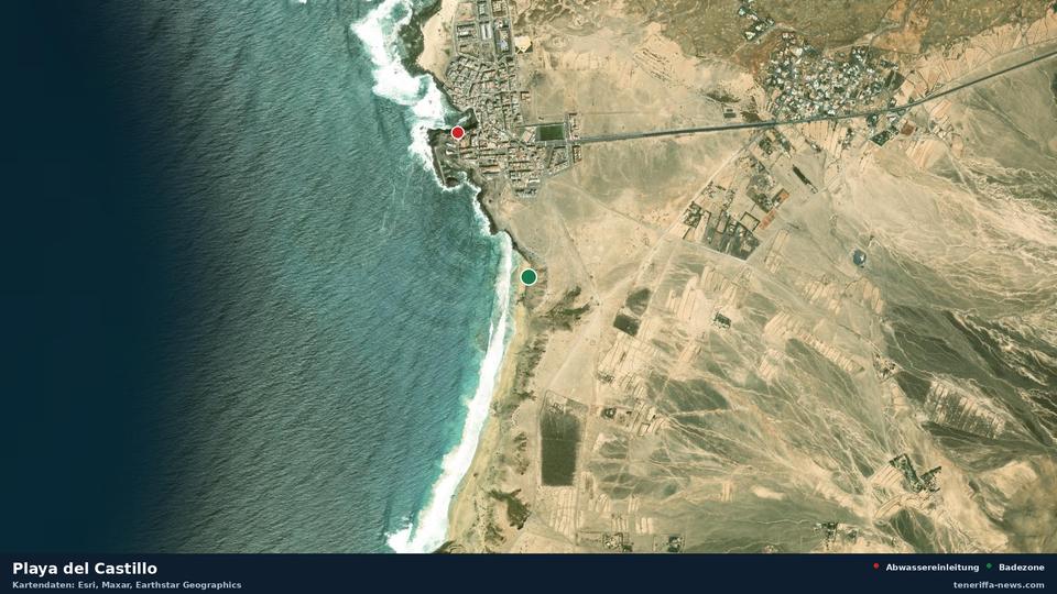 Satellitenbild der Playa del Castillo in La Oliva, dazu die Lage der nächsten Abwassereinleitung in 762 Metern.
