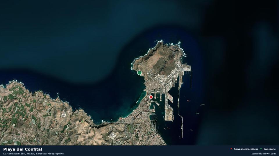 Satellite image of Playa del Confital in Las Palmas de Gran Canaria, with the position of the nearest wastewater outfall 1965 metres away.