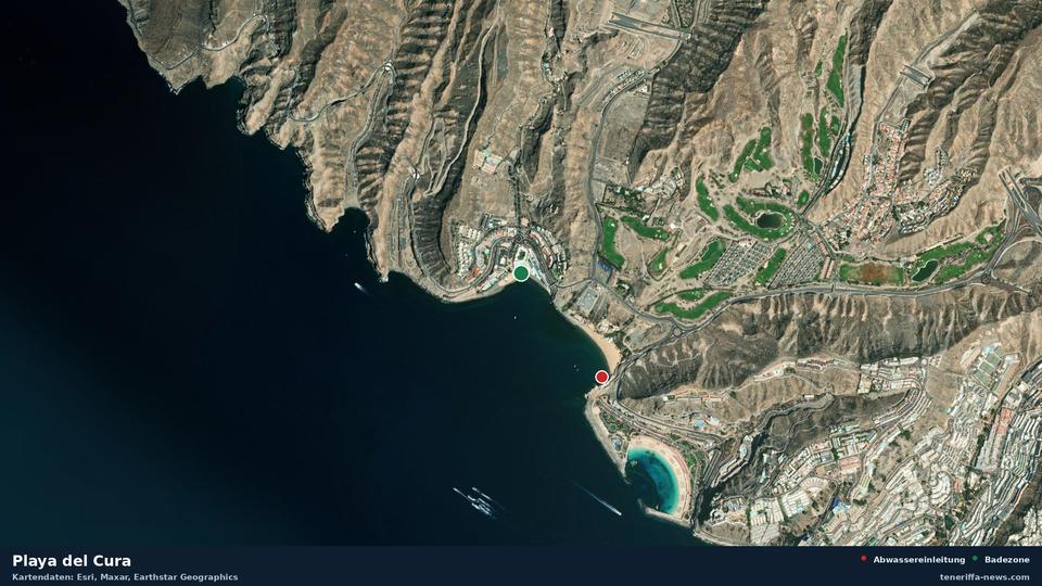 Satellite image of Playa del Cura in Mogán, with the position of the nearest wastewater outfall 640 metres away.