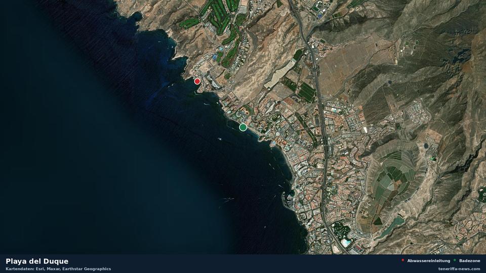 Satellitenbild der Playa del Duque in Adeje, dazu die Lage der nächsten Abwassereinleitung in 1345 Metern.