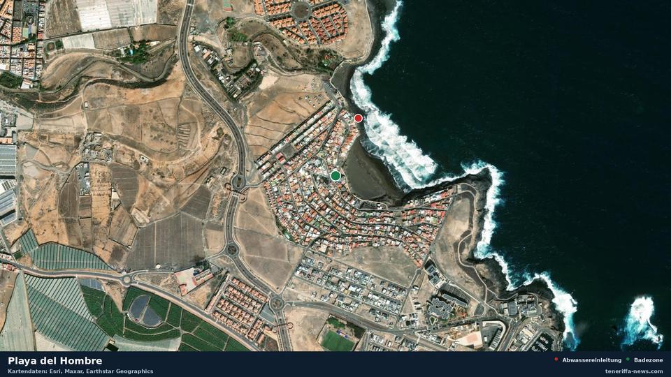 Satellite image of Playa del Hombre in Telde, with the position of the nearest wastewater outfall 233 metres away.