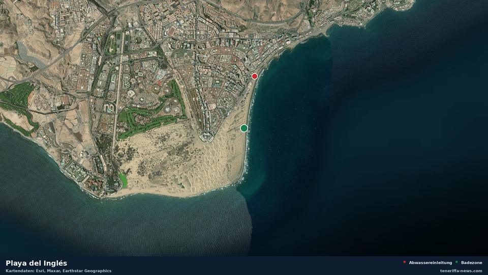 Satellite image of Playa del Inglés in San Bartolomé de Tirajana, with the position of the nearest wastewater outfall 1099 metres away.