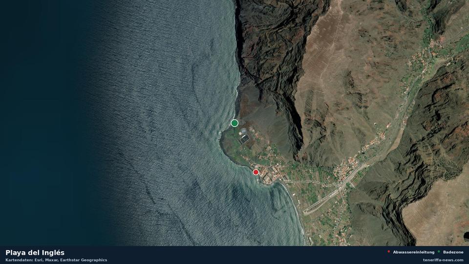 Imagen por satélite de Playa del Inglés en Valle Gran Rey, con la ubicación del vertido de aguas residuales más cercano a 579 metros.