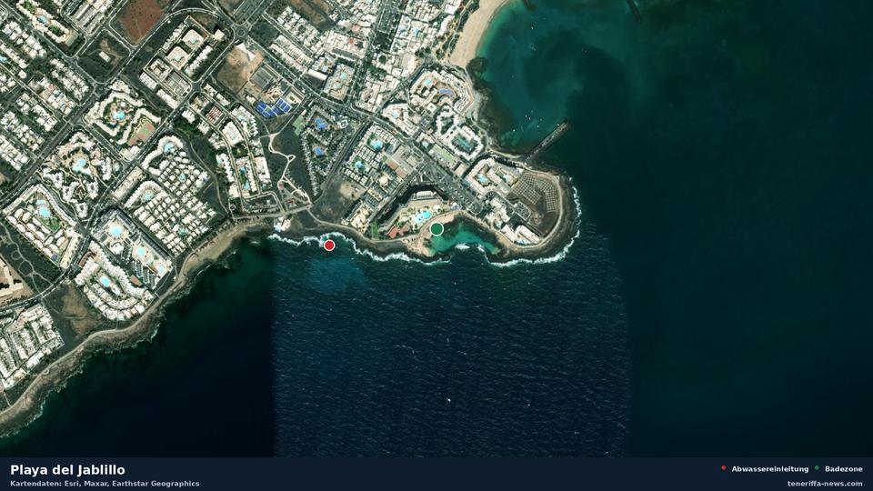 Imagen por satélite de Playa del Jablillo en Teguise, con la ubicación del vertido de aguas residuales más cercano a 311 metros.