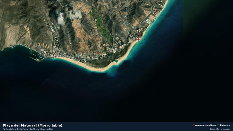 Satellite image of Playa del Matorral (Morro Jable) in Pájara, with the position of the nearest wastewater outfall 1334 metres away.