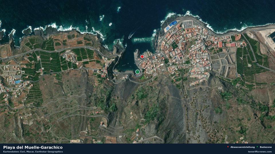 Satellite image of Playa del Muelle-Garachico in Garachico, with the position of the nearest wastewater outfall 147 metres away.