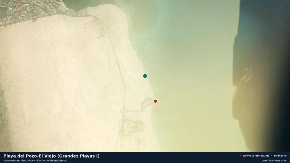 Satellitenbild der Playa del Pozo-El Viejo (Grandes Playas I) in La Oliva, dazu die Lage der nächsten Abwassereinleitung in 475 Metern.