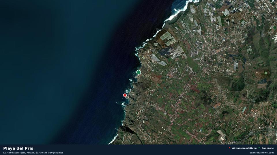 Imagen por satélite de Playa del Pris en Tacoronte, con la ubicación del vertido de aguas residuales más cercano a 975 metros.