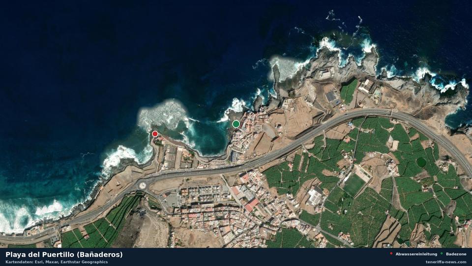 Imagen por satélite de Playa del Puertillo (Bañaderos) en Arucas, con la ubicación del vertido de aguas residuales más cercano a 436 metros.