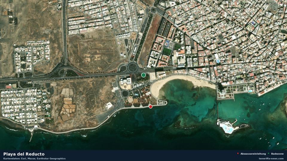 Imagen por satélite de Playa del Reducto en Arrecife, con la ubicación del vertido de aguas residuales más cercano a 284 metros.