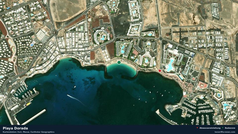 Satellitenbild der Playa Dorada in Yaiza, dazu die Lage der nächsten Abwassereinleitung in 439 Metern.