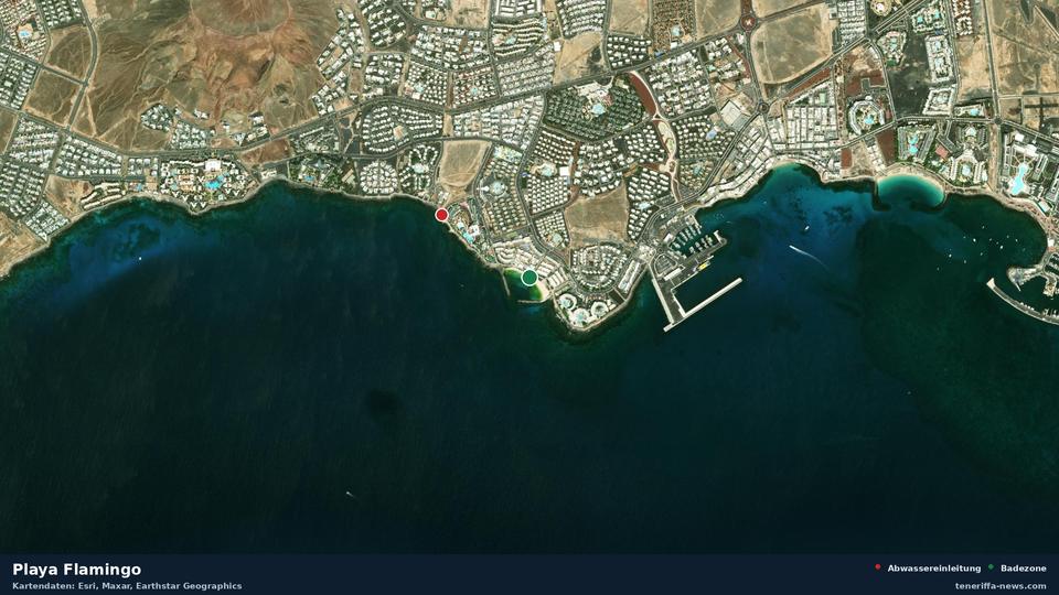 Satellitenbild der Playa Flamingo in Yaiza, dazu die Lage der nächsten Abwassereinleitung in 508 Metern.