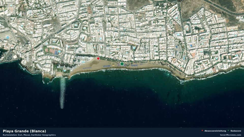 Satellite image of Playa Grande (Blanca) in Tías, with the position of the nearest wastewater outfall 249 metres away.